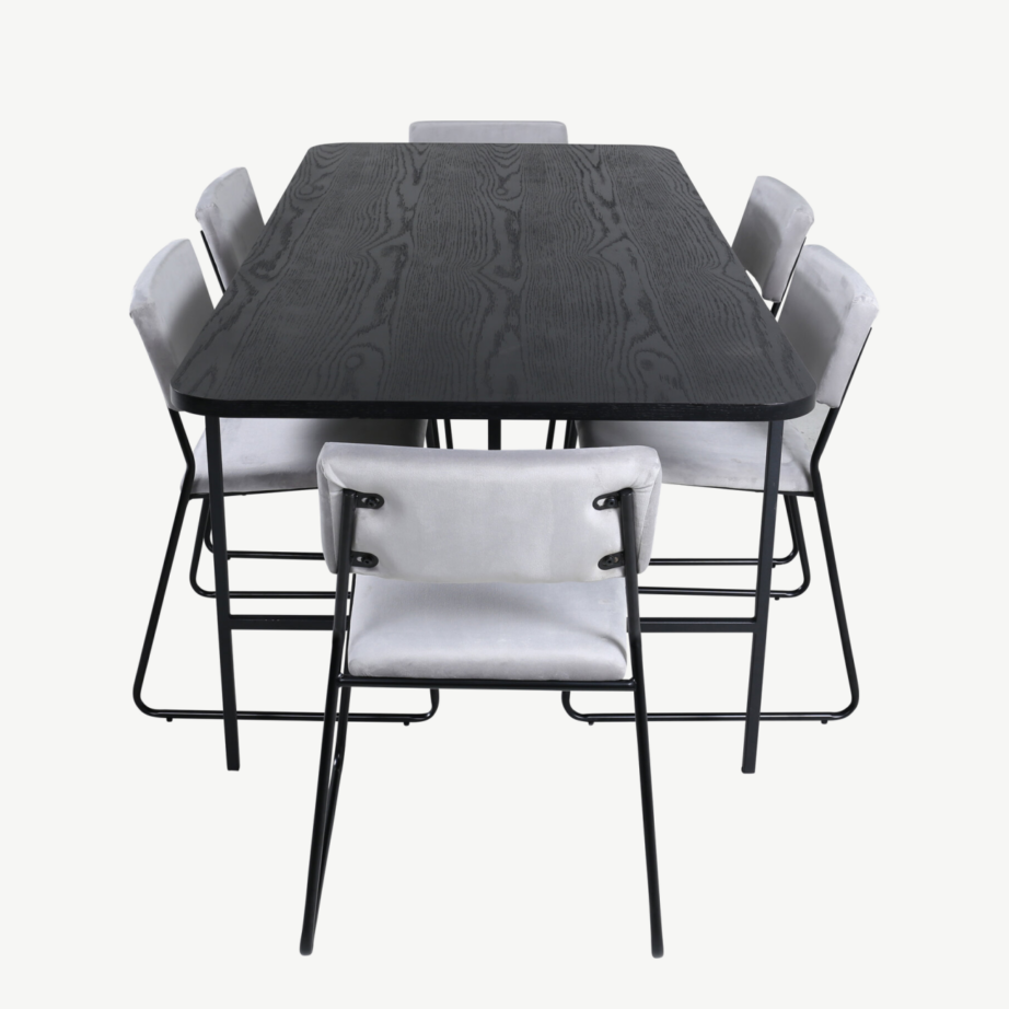 Ristkülikukujuline söögilaud Uno koos 6 halli Kenth velvettooli ja musta metallraamiga, GR22411 – 2