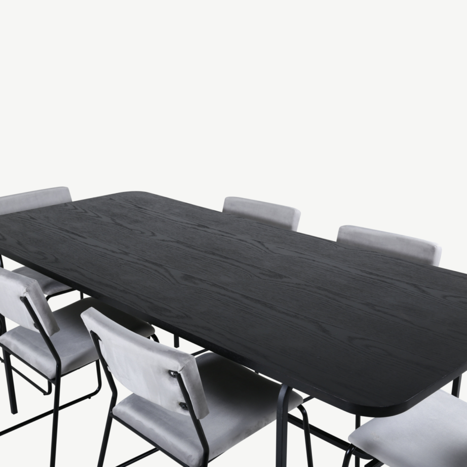 Ristkülikukujuline söögilaud Uno koos 6 halli Kenth velvettooli ja musta metallraamiga, GR22411 – 3