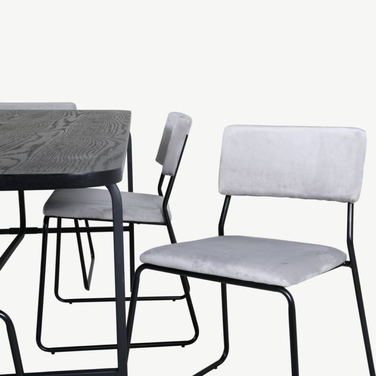 Ristkülikukujuline söögilaud Uno koos 6 halli Kenth velvettooli ja musta metallraamiga - GR22411