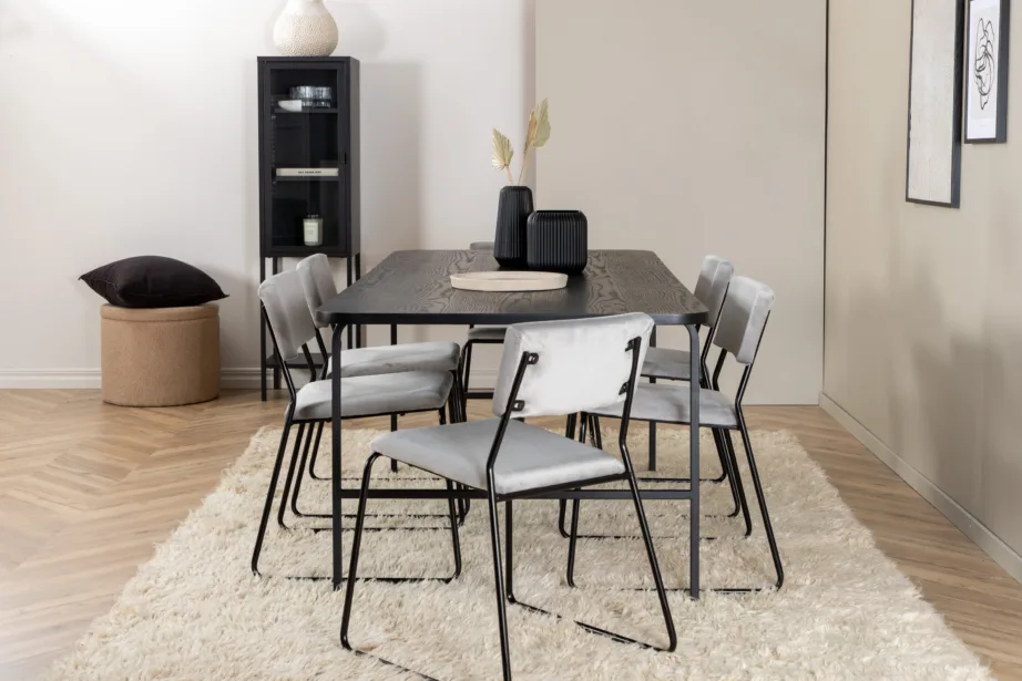 Ristkülikukujuline söögilaud Uno koos 6 halli Kenth velvettooli ja musta metallraamiga, GR22411 – 5