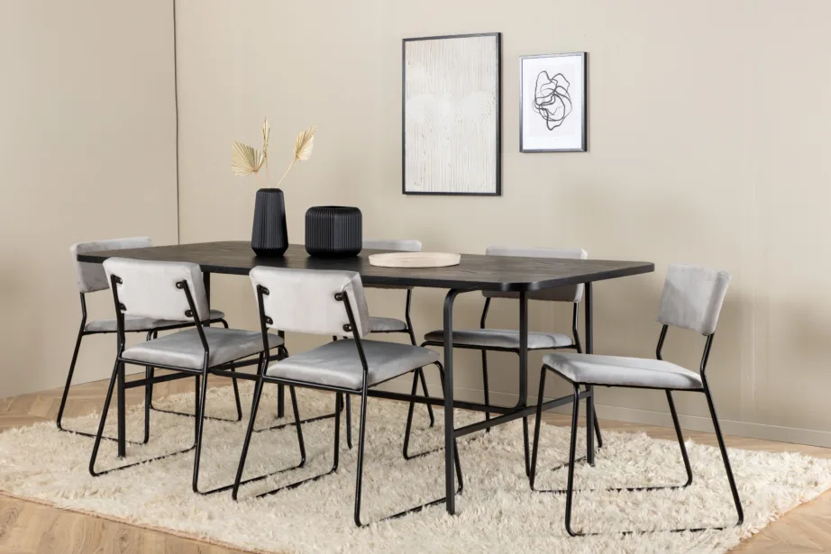 Ristkülikukujuline söögilaud Uno koos 6 halli Kenth velvettooli ja musta metallraamiga, GR22411 – 6