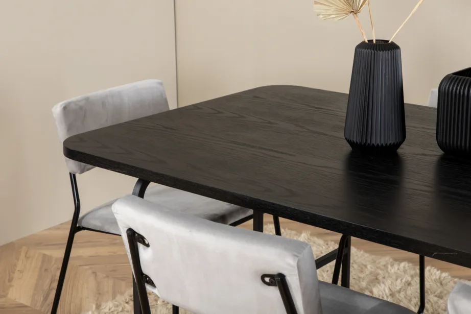 Ristkülikukujuline söögilaud Uno koos 6 halli Kenth velvettooli ja musta metallraamiga, GR22411 – 7