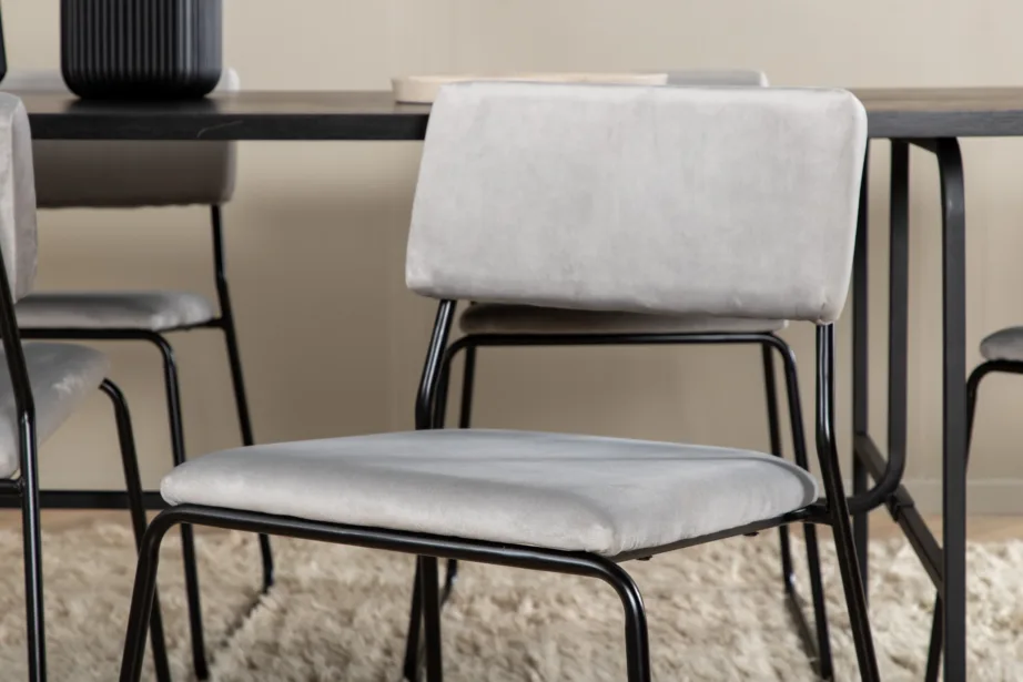 Ristkülikukujuline söögilaud Uno koos 6 halli Kenth velvettooli ja musta metallraamiga, GR22411 – 8