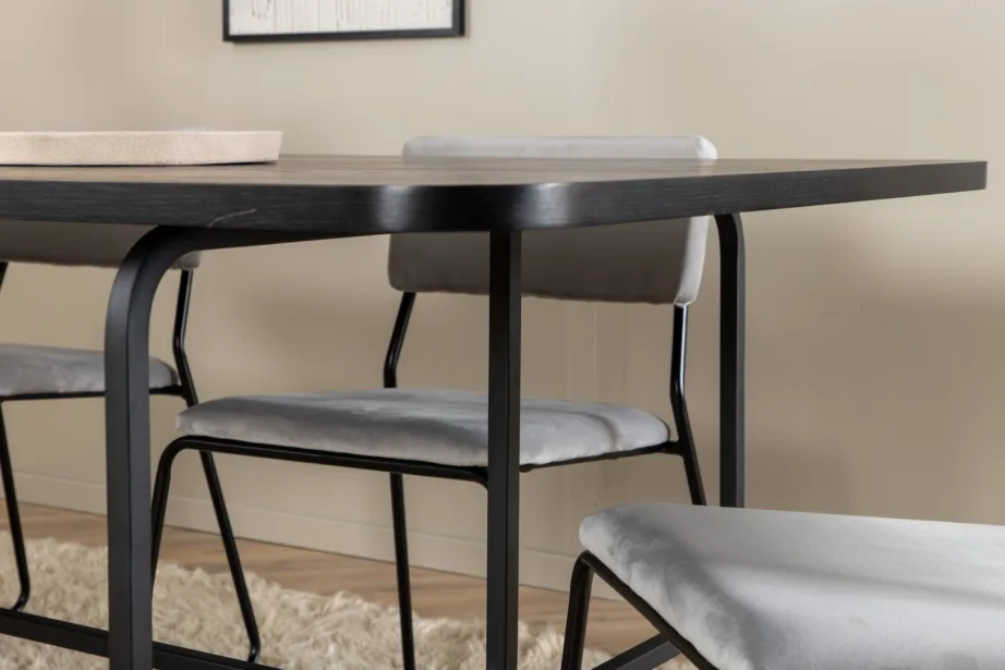 Ristkülikukujuline söögilaud Uno koos 6 halli Kenth velvettooli ja musta metallraamiga, GR22411 – 10