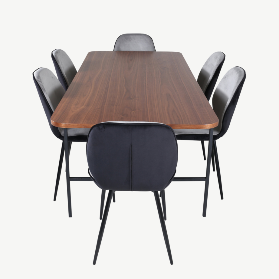 Ristkülikukujuline söögilaud Uno kuue sametist Emma tooliga (pähklivineer, must/hall), GR22395 – 2