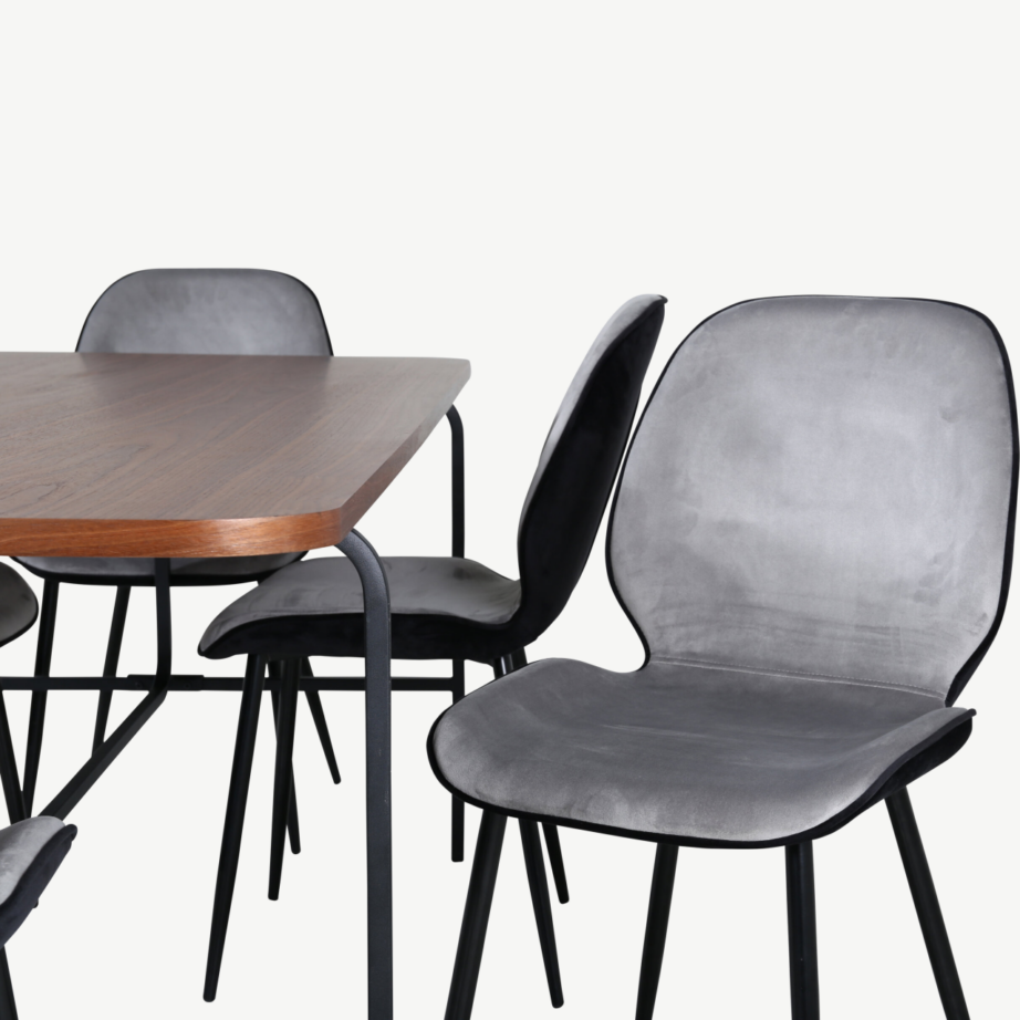 Ristkülikukujuline söögilaud Uno kuue sametist Emma tooliga (pähklivineer, must/hall), GR22395 – 4