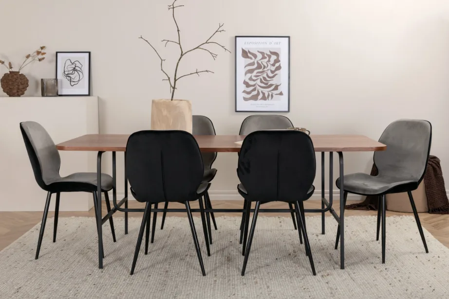 Ristkülikukujuline söögilaud Uno kuue sametist Emma tooliga (pähklivineer, must/hall), GR22395 – 5