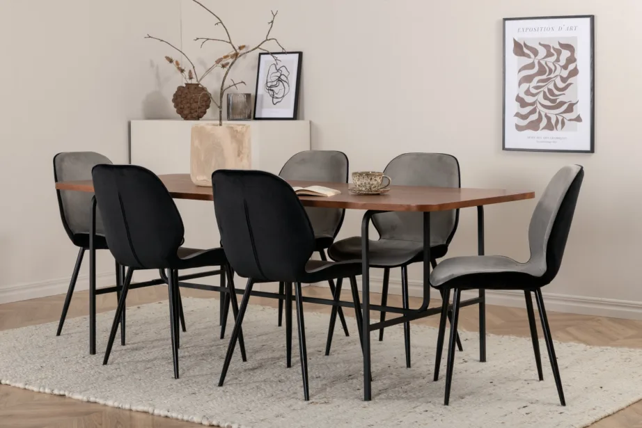 Ristkülikukujuline söögilaud Uno kuue sametist Emma tooliga (pähklivineer, must/hall), GR22395 – 6