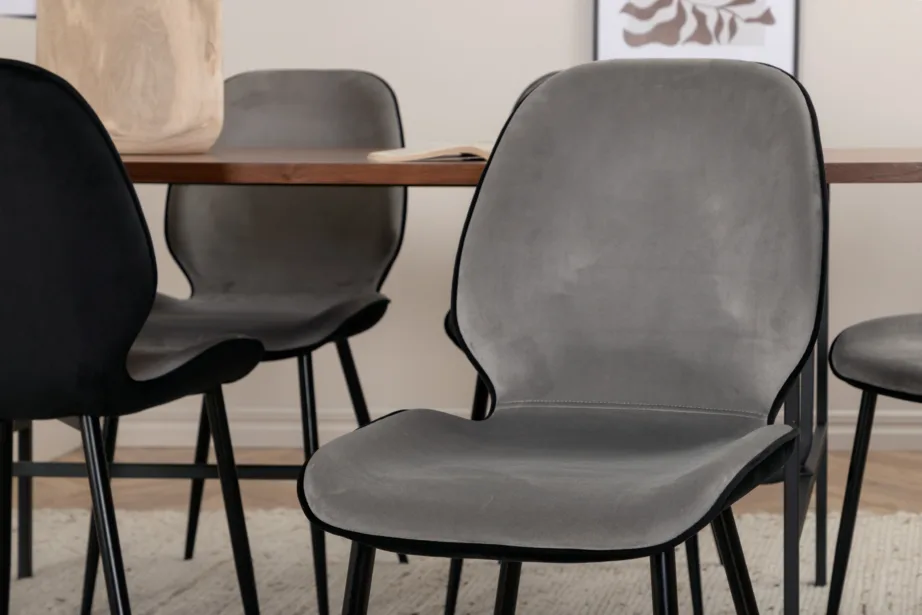 Ristkülikukujuline söögilaud Uno kuue sametist Emma tooliga (pähklivineer, must/hall), GR22395 – 8