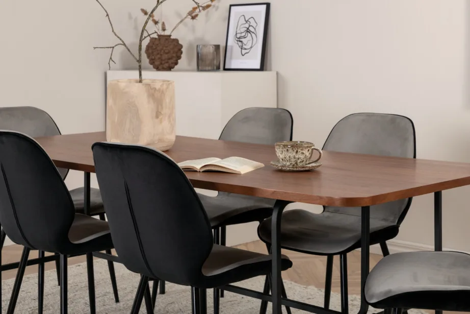 Ristkülikukujuline söögilaud Uno kuue sametist Emma tooliga (pähklivineer, must/hall), GR22395 – 9