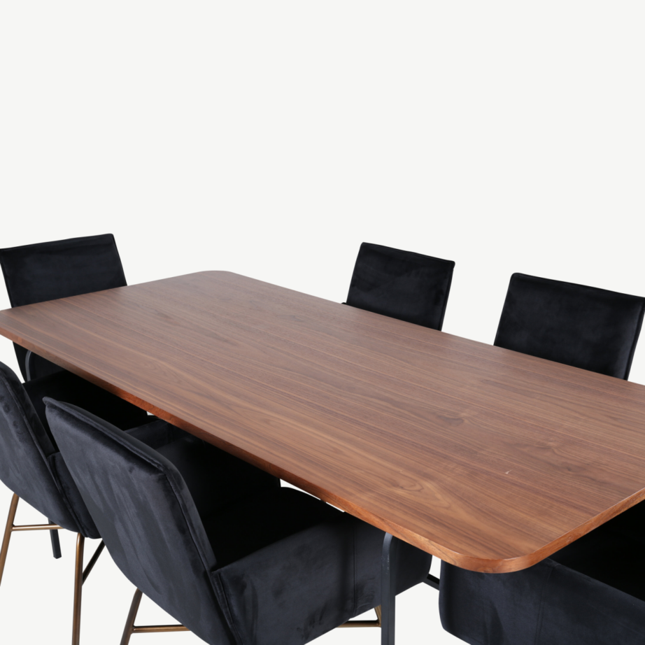 Ristkülikukujuline söögilaud Uno (pähklispoon, must metall) kuue musta velvetkattega Petra tooliga, GR22399 – 3
