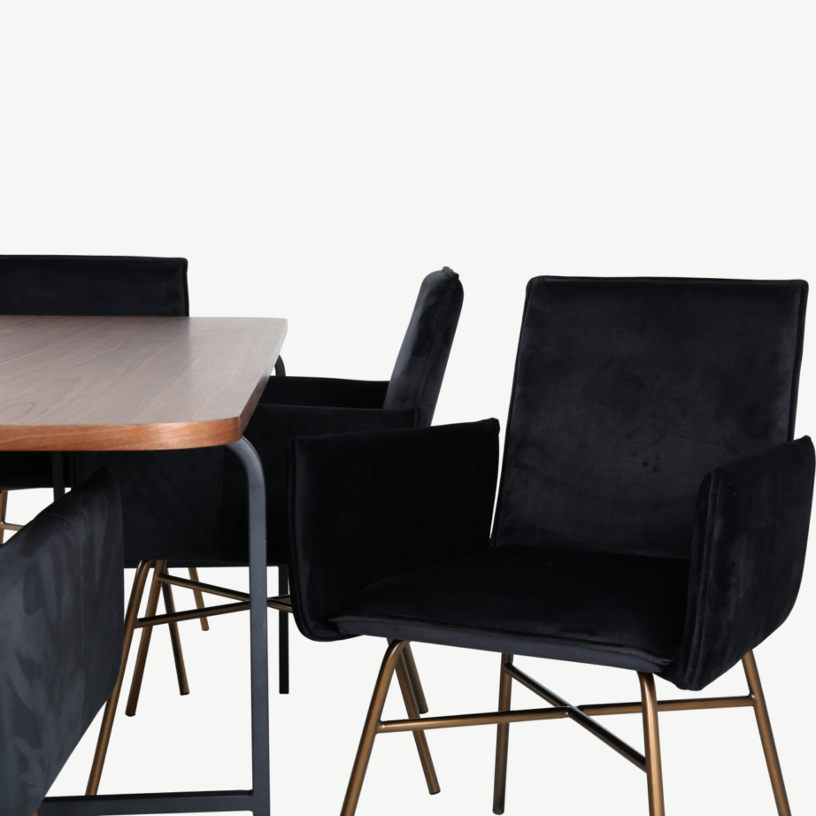 Ristkülikukujuline söögilaud Uno (pähklispoon, must metall) kuue musta velvetkattega Petra tooliga, GR22399 – 4