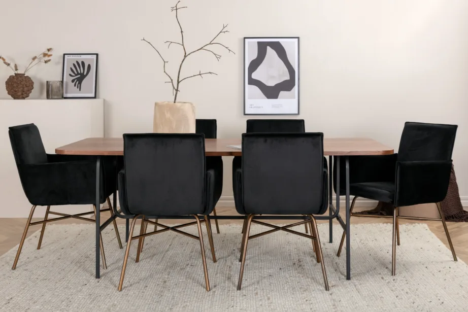 Ristkülikukujuline söögilaud Uno (pähklispoon, must metall) kuue musta velvetkattega Petra tooliga, GR22399 – 5