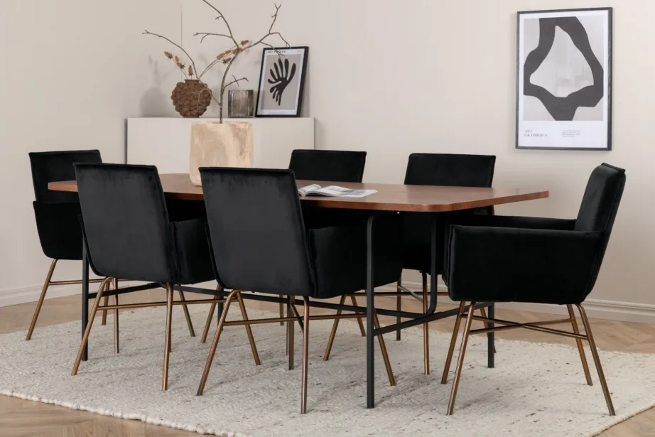 Ristkülikukujuline söögilaud Uno (pähklispoon, must metall) kuue musta velvetkattega Petra tooliga, GR22399 – 6