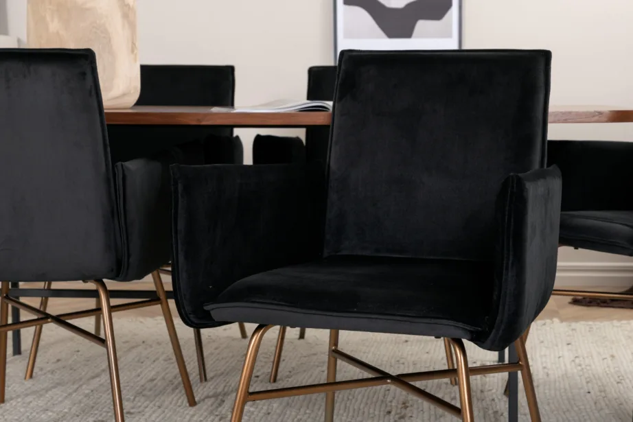 Ristkülikukujuline söögilaud Uno (pähklispoon, must metall) kuue musta velvetkattega Petra tooliga, GR22399 – 8