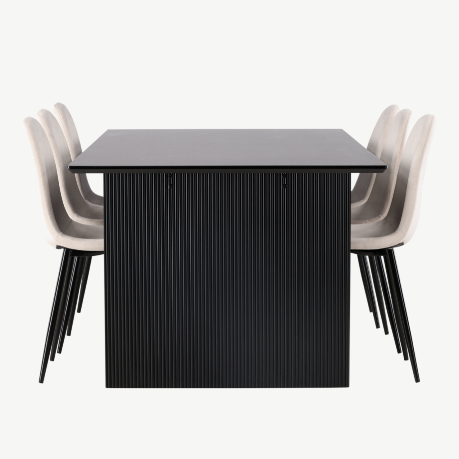 Ristkülikukujuline söögilaud Vail ja 6 beeži sametist Polar tooli (must MDF, 200×100 cm), GR22913 – 2