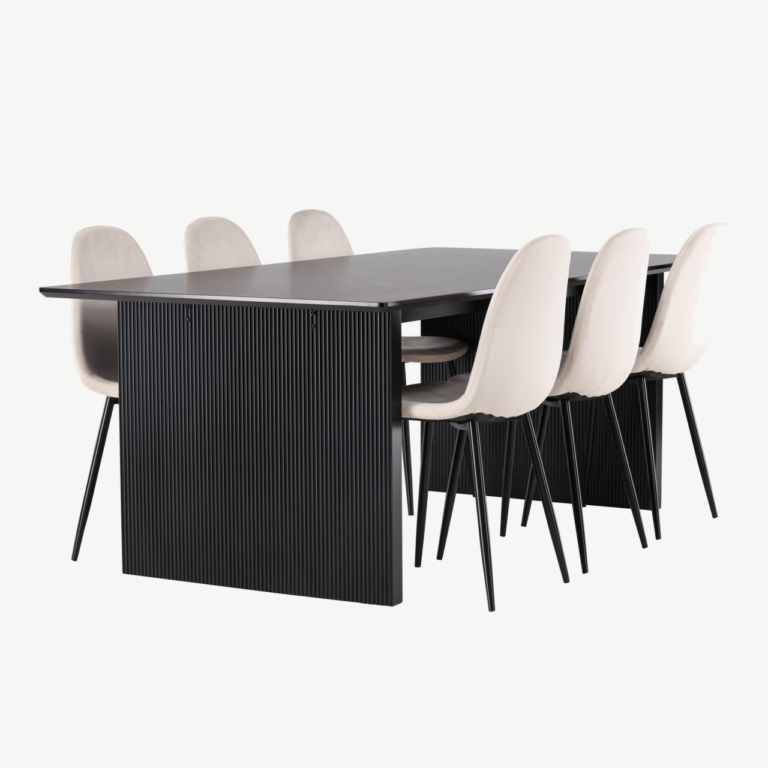 Ristkülikukujuline söögilaud Vail ja 6 beeži sametist Polar tooli (must MDF, 200x100 cm) - GR22913