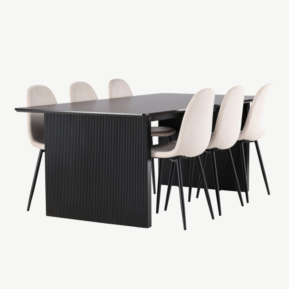 Ristkülikukujuline söögilaud Vail ja 6 beeži sametist Polar tooli (must MDF, 200×100 cm), GR22913 – 3