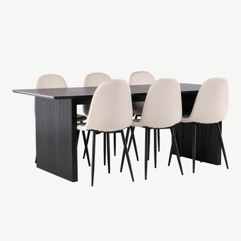 Ristkülikukujuline söögilaud Vail ja 6 beeži sametist Polar tooli (must MDF, 200×100 cm), GR22913 – 4