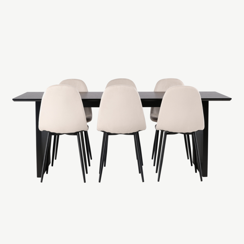 Ristkülikukujuline söögilaud Vail ja 6 beeži sametist Polar tooli (must MDF, 200×100 cm), GR22913 – 5