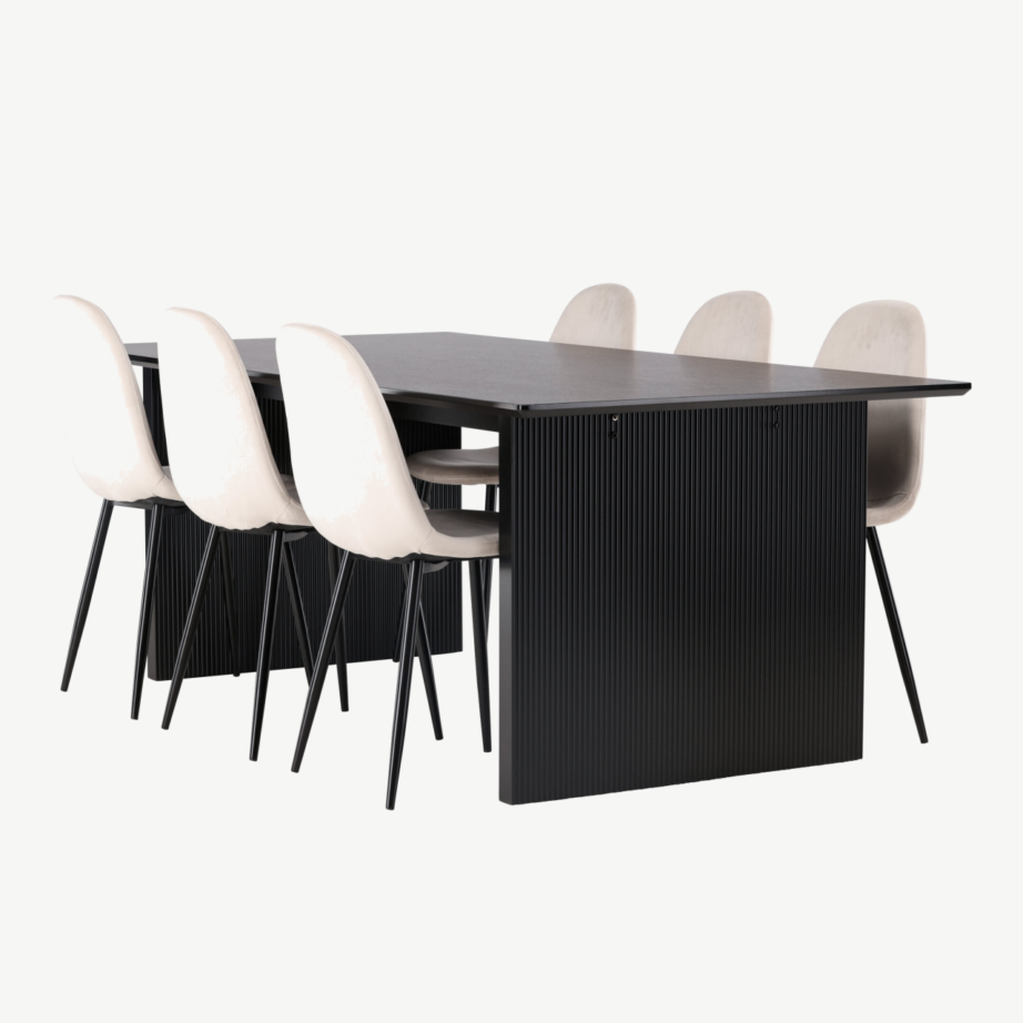 Ristkülikukujuline söögilaud Vail ja 6 beeži sametist Polar tooli (must MDF, 200×100 cm), GR22913 – 6