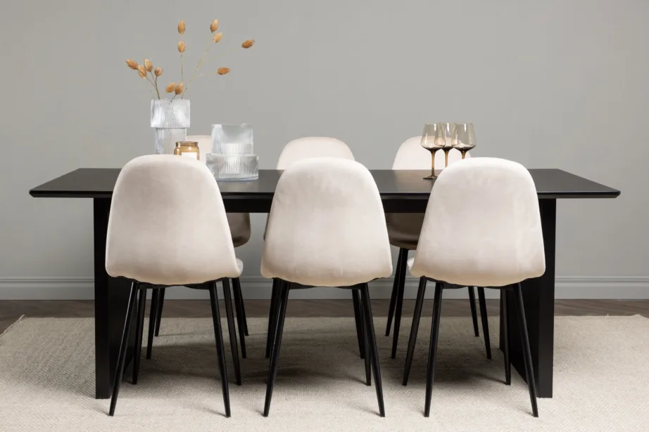 Ristkülikukujuline söögilaud Vail ja 6 beeži sametist Polar tooli (must MDF, 200×100 cm), GR22913 – 9