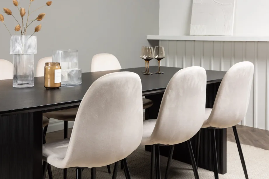 Ristkülikukujuline söögilaud Vail ja 6 beeži sametist Polar tooli (must MDF, 200×100 cm), GR22913 – 10