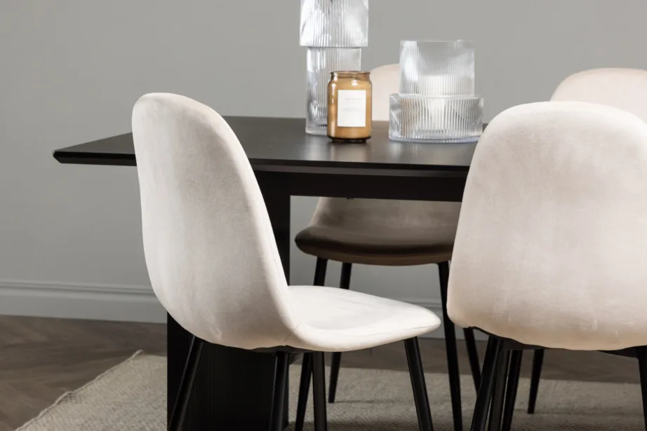 Ristkülikukujuline söögilaud Vail ja 6 beeži sametist Polar tooli (must MDF, 200×100 cm), GR22913 – 11