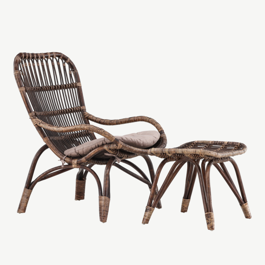 Rotangist lounge-tugitool tumbaga, tume pähkel, pehme beež padi (Ella), 7109-101 – 2