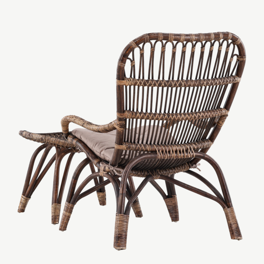 Rotangist lounge-tugitool tumbaga, tume pähkel, pehme beež padi (Ella), 7109-101 – 9