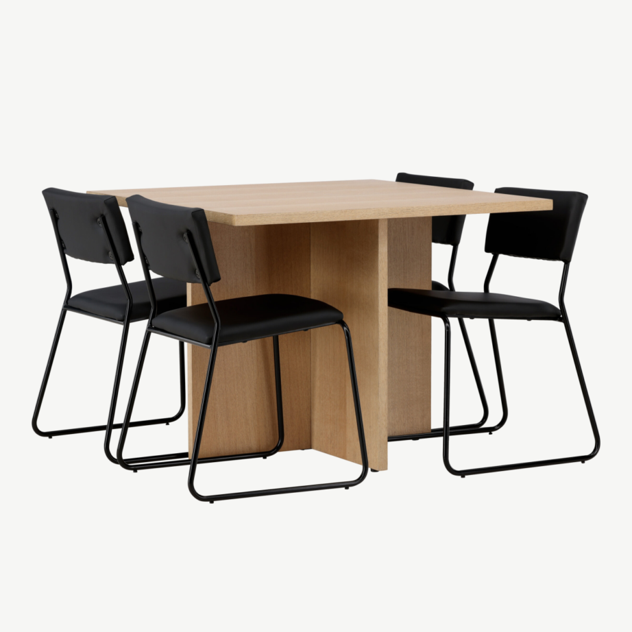 Ruudukujuline MDF söögilaud Leo tammetoonis ja mustad kunstnahast toolid Kenth, GR23583 – 4