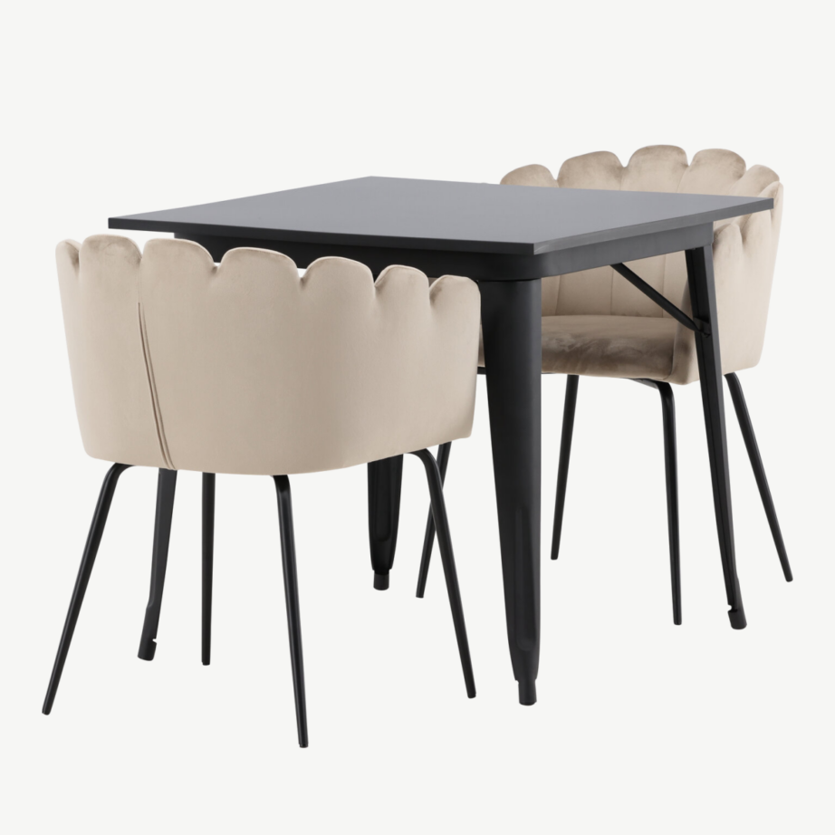 Ruudukujuline söögilauakomplekt Tempe, must MDF laud ja beež velvetist Limhamn tool, GR23001 – 3