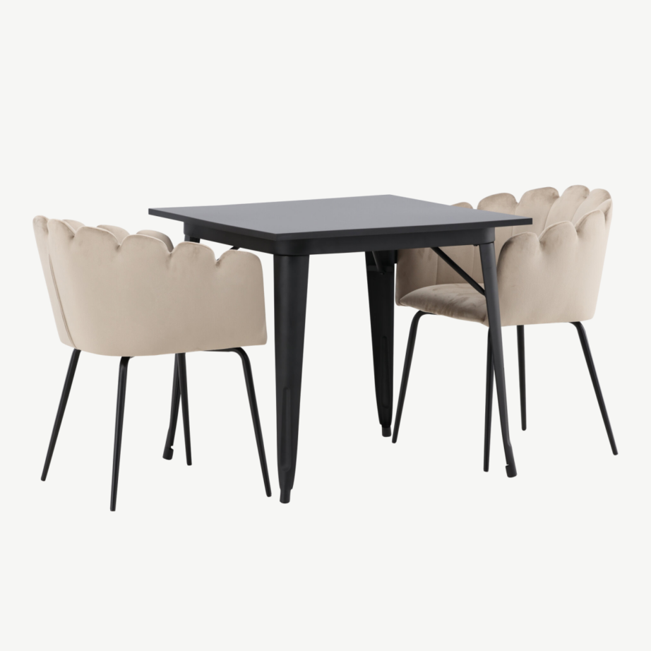 Ruudukujuline söögilauakomplekt Tempe, must MDF laud ja beež velvetist Limhamn tool, GR23001 – 4