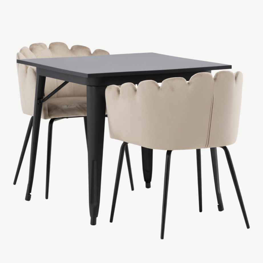 Ruudukujuline söögilauakomplekt Tempe, must MDF laud ja beež velvetist Limhamn tool, GR23001 – 6