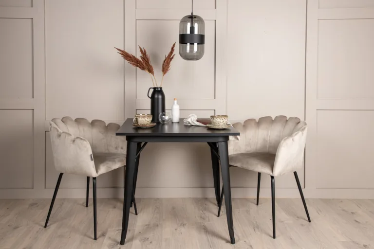 Ruudukujuline söögilauakomplekt Tempe, must MDF laud ja beež velvetist Limhamn tool - GR23001