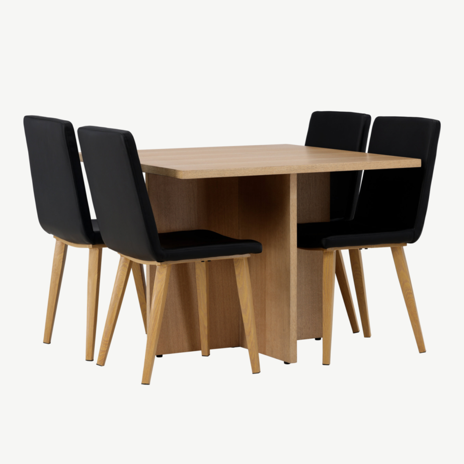 Ruudukujuline söögilaud Leo ja musta kunstnahaga Today toolid (4 tk), tammepuidu välimus, GR23582 – 4