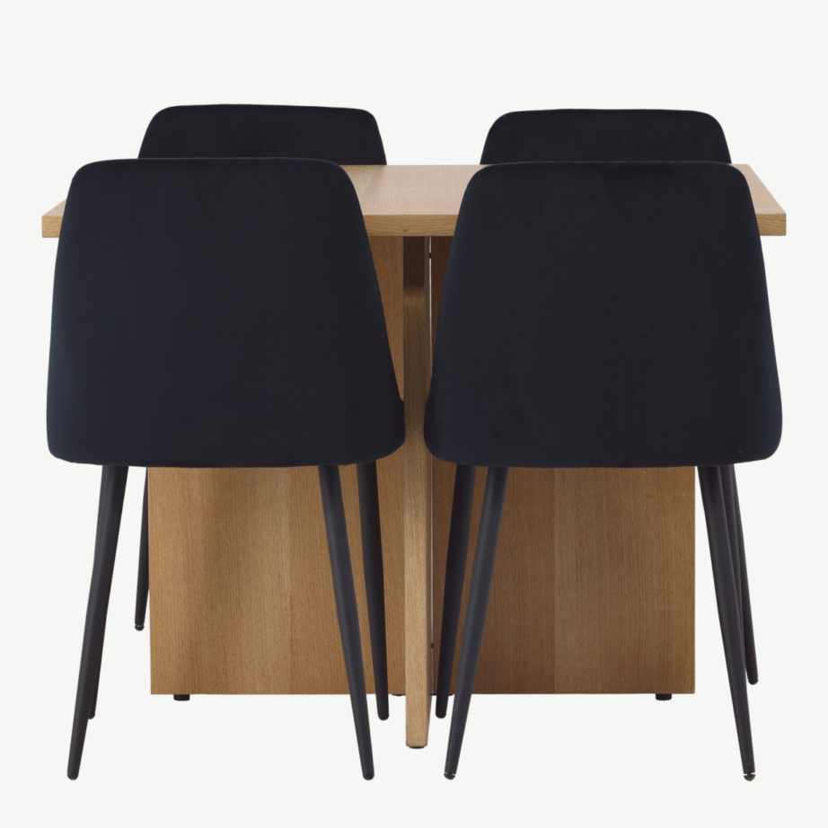 Ruudukujuline tamme tooni söögilaud Leo ja mustad velvetkattega toolid Night, GR23584 – 2