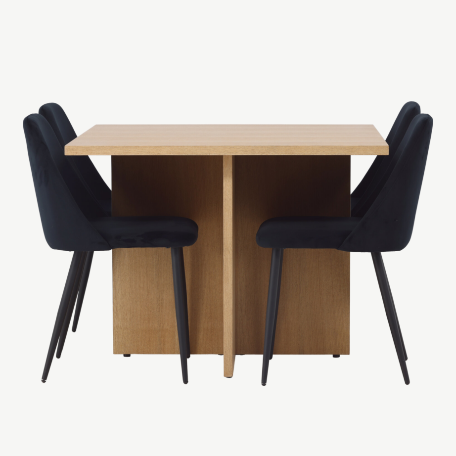 Ruudukujuline tamme tooni söögilaud Leo ja mustad velvetkattega toolid Night, GR23584 – 3