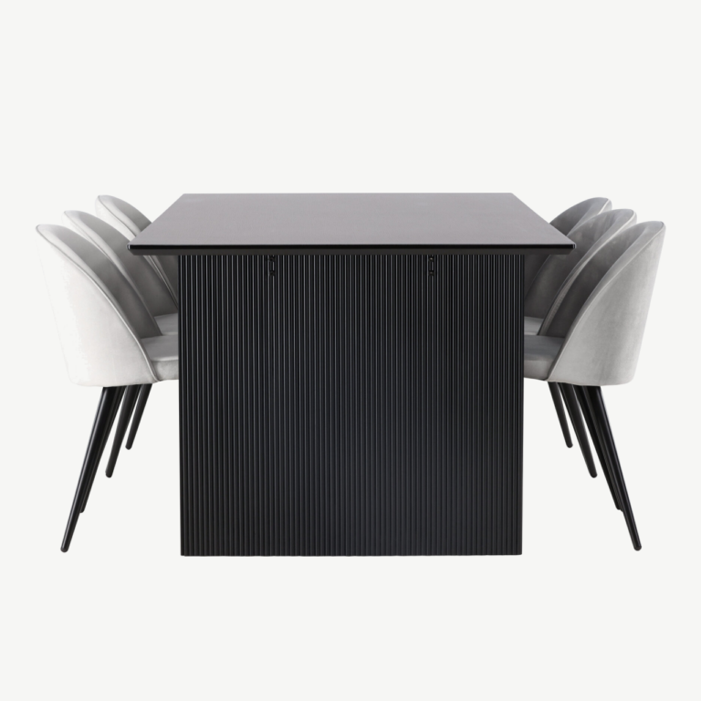Sirgete joontega must söögilaud Vail ja hallid velvetist toolid (6 tk) - GR22912
