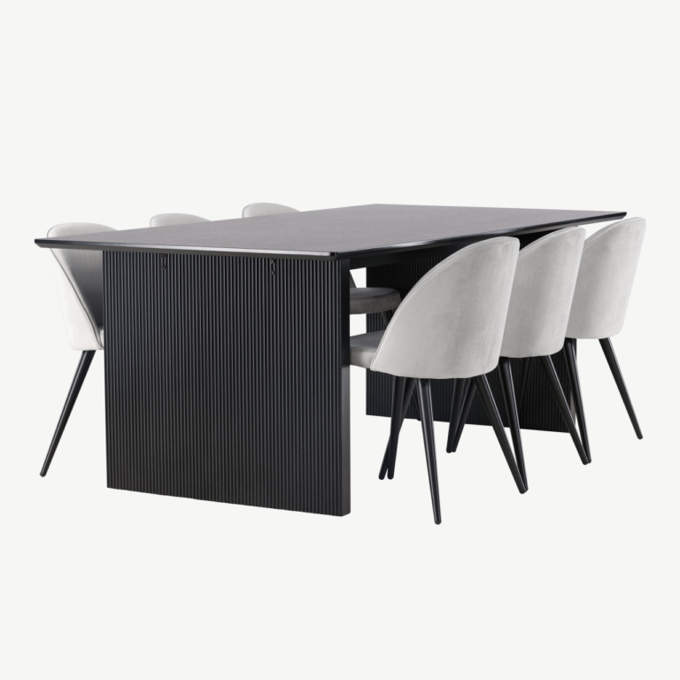 Sirgete joontega must söögilaud Vail ja hallid velvetist toolid (6 tk) - GR22912