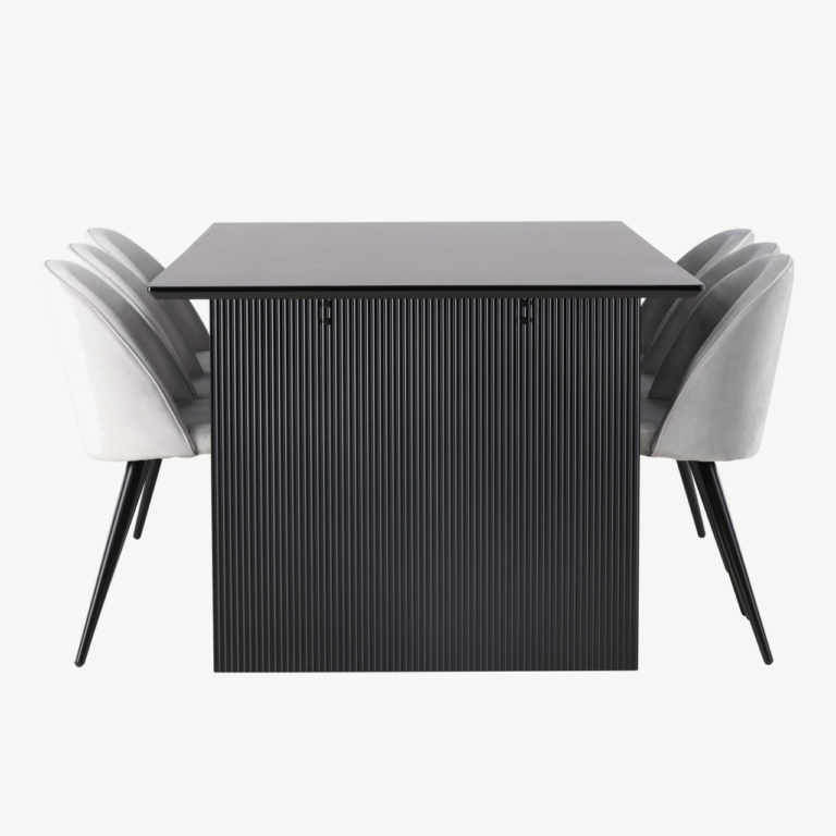 Sirgete joontega must söögilaud Vail ja hallid velvetist toolid (6 tk) - GR22912
