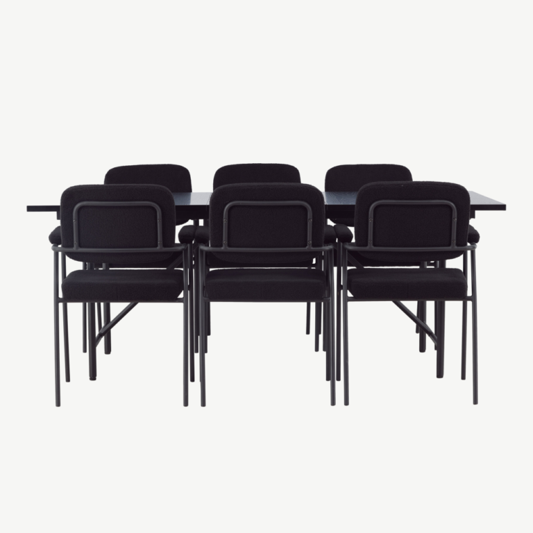 Skandinaavia stiilis söögigrupi komplekt Astrid must (söögilaud 200x90cm ja 6 buklee-kangaga tooli) - GR23517