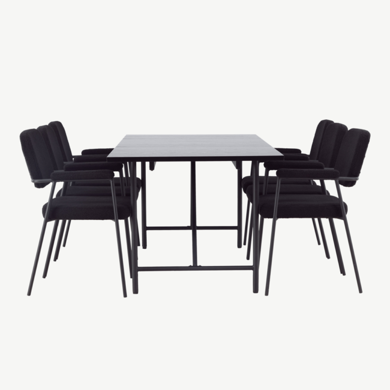 Skandinaavia stiilis söögigrupi komplekt Astrid must (söögilaud 200x90cm ja 6 buklee-kangaga tooli) - GR23517
