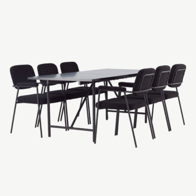 Skandinaavia stiilis söögigrupi komplekt Astrid must (söögilaud 200x90cm ja 6 buklee-kangaga tooli) - GR23517