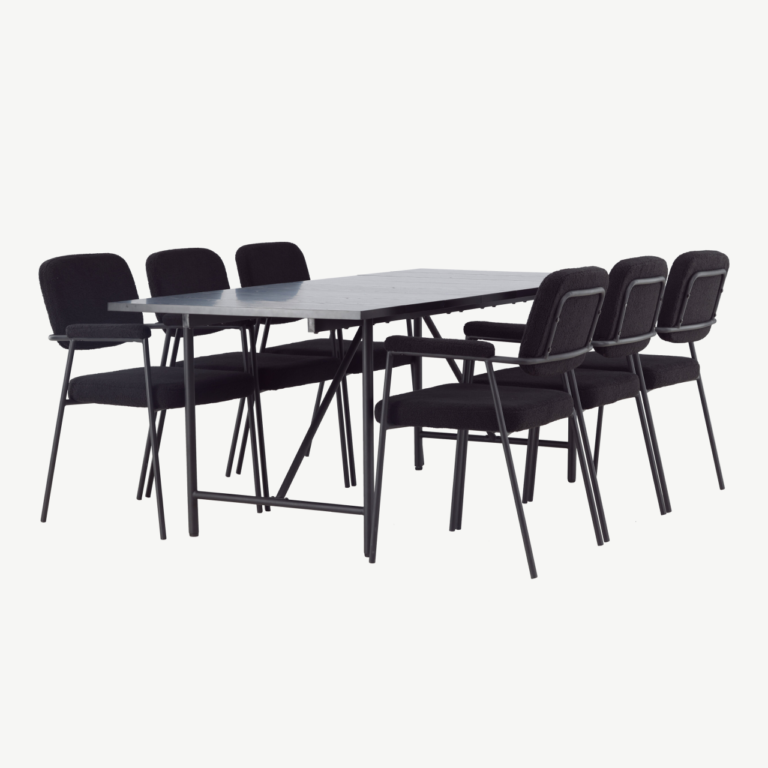 Skandinaavia stiilis söögigrupi komplekt Astrid must (söögilaud 200x90cm ja 6 buklee-kangaga tooli) - GR23517