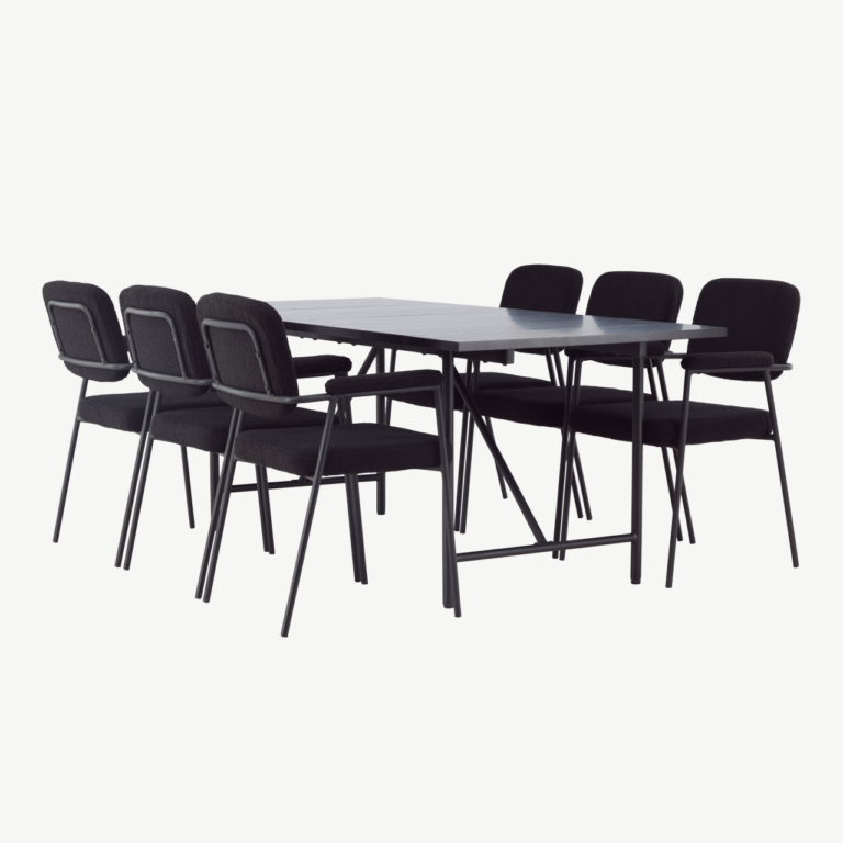 Skandinaavia stiilis söögigrupi komplekt Astrid must (söögilaud 200x90cm ja 6 buklee-kangaga tooli) - GR23517