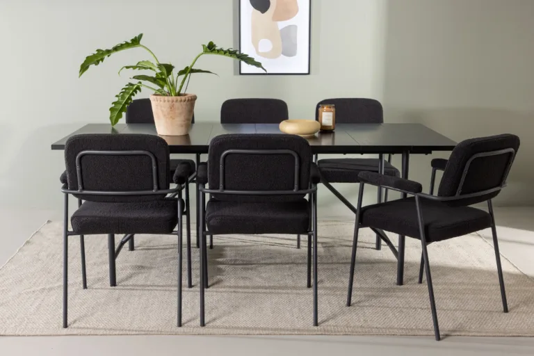 Skandinaavia stiilis söögigrupi komplekt Astrid must (söögilaud 200x90cm ja 6 buklee-kangaga tooli) - GR23517