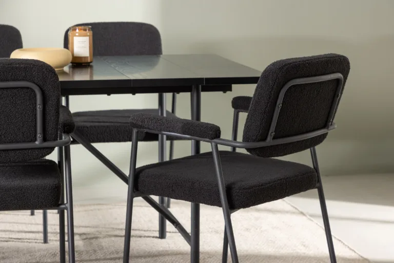 Skandinaavia stiilis söögigrupi komplekt Astrid must (söögilaud 200x90cm ja 6 buklee-kangaga tooli) - GR23517