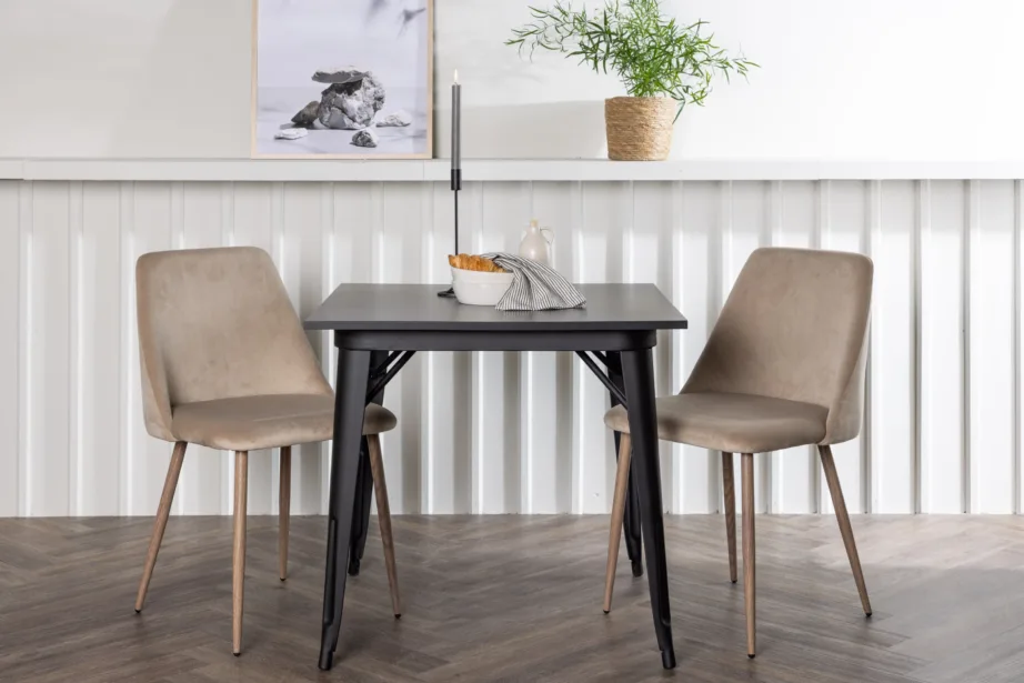 Skandinaavia stiilis söögilaud Tempe ja pruun polsterdatud tool Night (must MDF, 80x80cm), GR23888 – 8