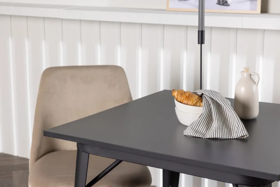 Skandinaavia stiilis söögilaud Tempe ja pruun polsterdatud tool Night (must MDF, 80x80cm), GR23888 – 10